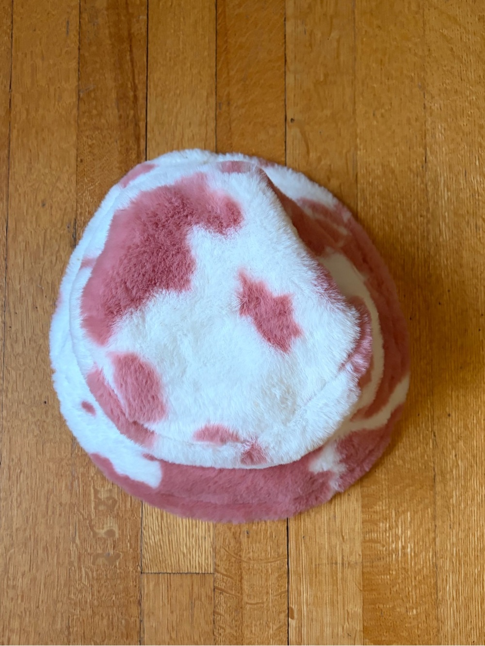 Pink cow print fluffy bucket hat